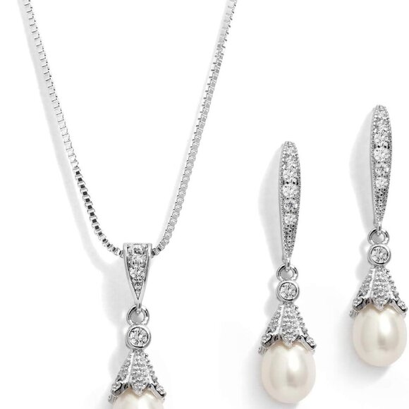 Wedding Necklace & Earrings CZ Jewelry Set with Dainty Freshwater Pearl for Brid - Picture 1 of 7
